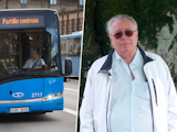 Delad bild. En blå buss kör nerför en stadsgata och porträtt på Tony Hasselqvist, bussförare och huvudskyddsombud.