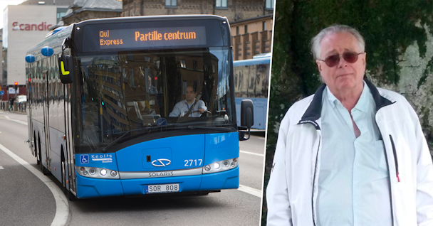 Delad bild. En blå buss kör nerför en stadsgata och porträtt på Tony Hasselqvist, bussförare och huvudskyddsombud.