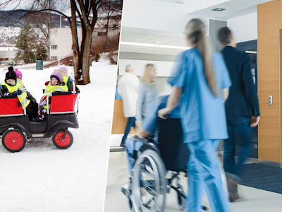 Tvådelad bild. Ena bilden förställer en person som jobbar inom förskolan som puttar en vagn med barn framför sig i snön. Den andra bilden är från ett sjukhus.