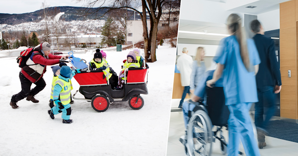 Tvådelad bild. Ena bilden förställer en person som jobbar inom förskolan som puttar en vagn med barn framför sig i snön. Den andra bilden är från ett sjukhus.