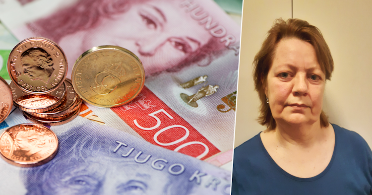 Svensk valuta och en kvinna med ett neutralt uttryck.