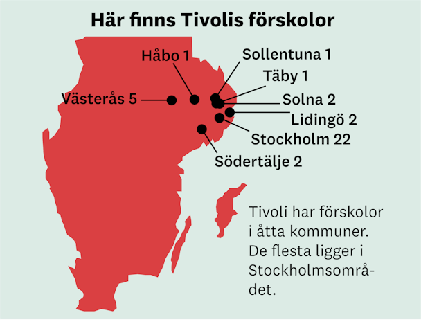 Karta som visar var Tivoliförskolorna ligger. De flesta ligger i Stockholm och närliggande kommuner.