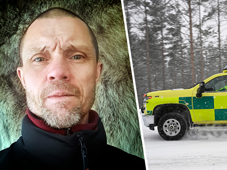 Joakim Mikaelsson, ambulanssjukvårdare, och på bild en ambulans i snöväder.