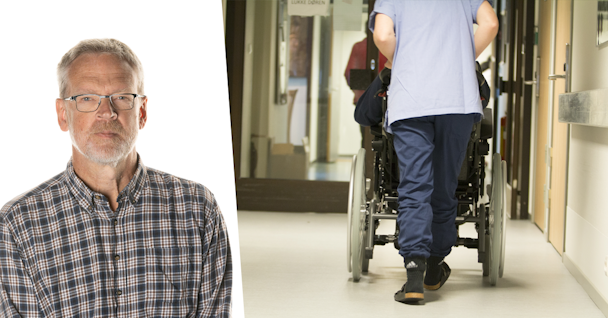 En delad bild som visar ett porträtt av en äldre man till vänster och en vårdpersonal som knuffar en patient i rullstol nerför en sjukhuskorridor till höger.