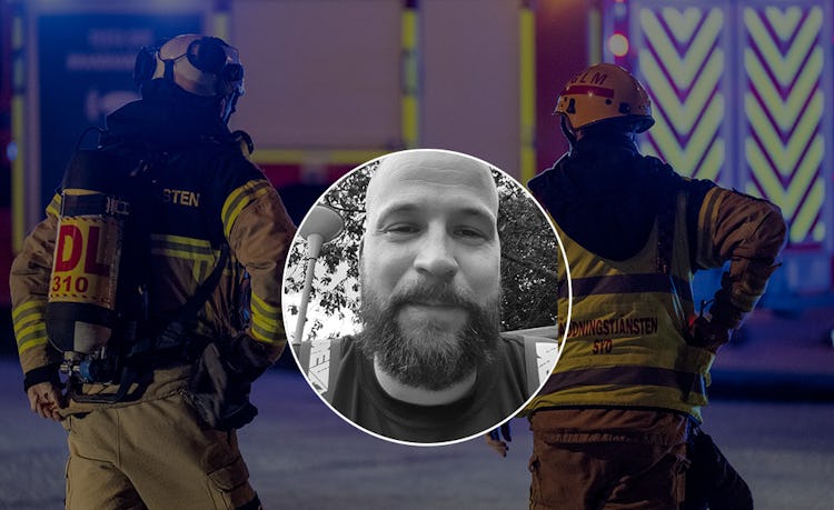 Genrebild på två brandmän i bakgrunden. Porträttbild på Fredrik Svensson.