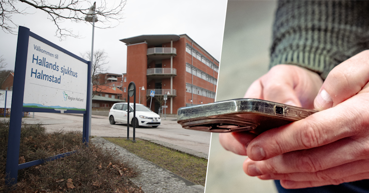 Delad bild. Till höger en bild på Hallands sjukhus, en stor tegelbyggnad. Till höger håller en person i en smartphone.