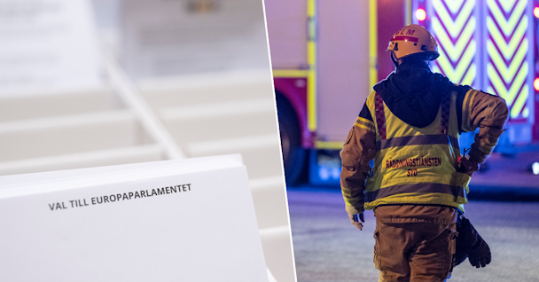 Delad bild som visar valsedlar för Europaparlamentet till vänster och en brandman i uniform bredvid en brandbil till höger.
