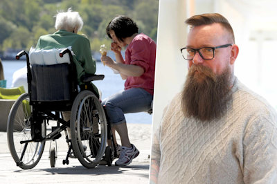 Två bilder: Vänster, en äldre person i rullstol och en yngre person sittande på en bänk, båda äter glas. Höger, en skäggig man,Michael Andersson, med glasögon i ljus tröja inomhus.