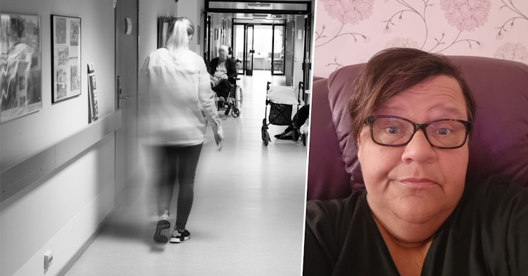En korridor i en vårdinrättning med personal och patienter; infälld bild visar en kvinna, Maria Björkman, med glasögon som sitter på en stol hemma.