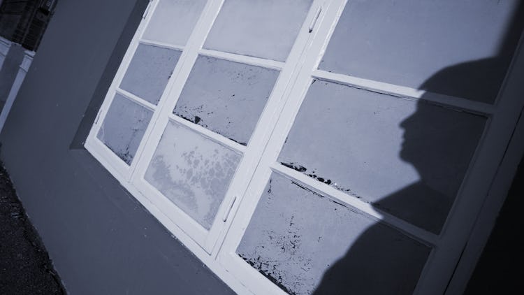 En skugga av en person mot en husvägg med ett stort fönster.
