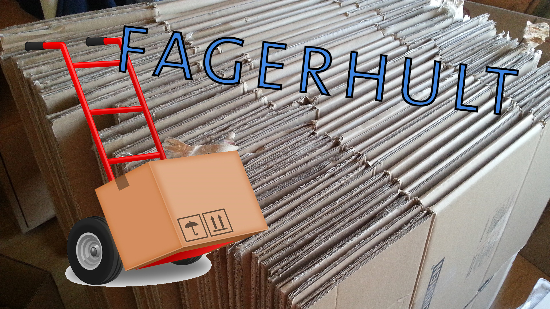 Bilden föreställer Fagerhults logotyp och en tecknad flyttkärra, monterade över ett foto på en samling ihopvikta flyttkartonger.