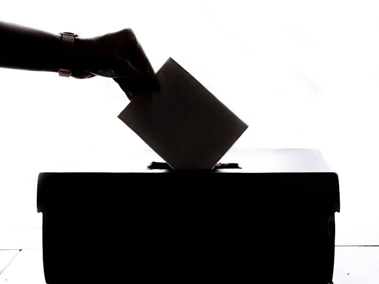 Silhuetten av en hand som lägger en röstsedel i en valurna