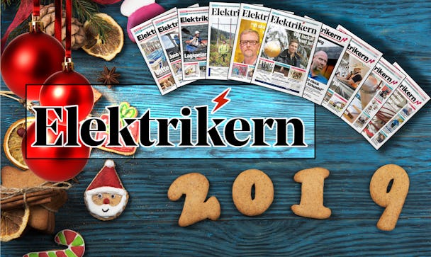 Ett bord med julsaker på, överlagt med framsidorna på årets olika nummer av Elektrikern och tidningens logga.