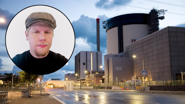 En bild på Ringhals kärnkraftverk, med ett foto av Caj Björklind monterad över.