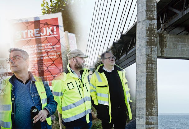 Strejkvakterna Thomas Sandgren, Lars ”Tintin” Pettersson och Magnus Kindmark, monterade över en bild på Öresundsbron
