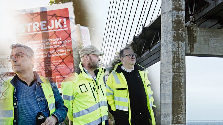 Strejkvakterna Thomas Sandgren, Lars ”Tintin” Pettersson och Magnus Kindmark, monterade över en bild på Öresundsbron