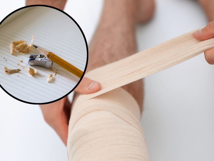Ett ben som lindas med bandage, med en bild på en blyertspenna monterat över