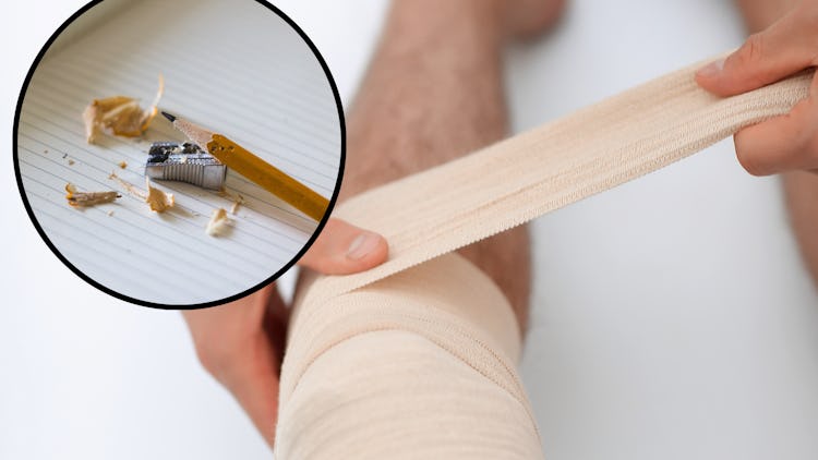 Ett ben som lindas med bandage, med en bild på en blyertspenna monterat över