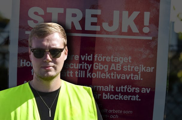 En bild på Jonas Eriksson, monterad över en bild på en strejkskylt