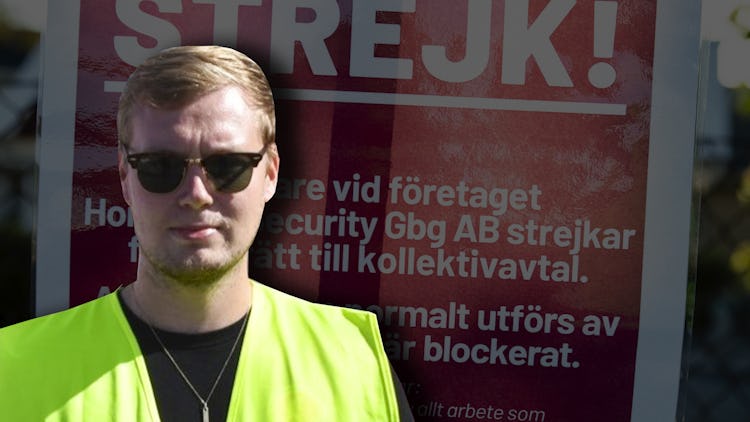 En bild på Jonas Eriksson, monterad över en bild på en strejkskylt