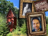 En bild på en röd stuga i en grönskande skog, med fotoramar monterat över innehållande bilder på Markus Edlund, Katherine Tingley och fredskongressen på Visingsö