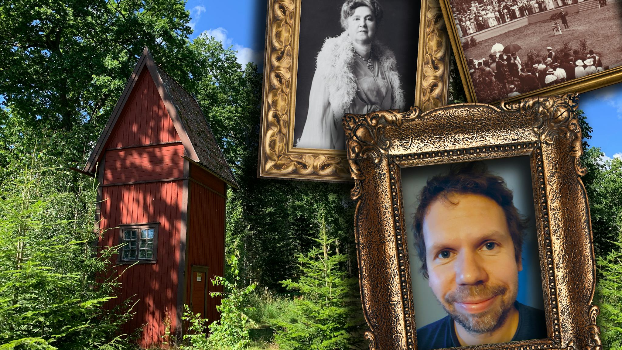 En bild på en röd stuga i en grönskande skog, med fotoramar monterat över innehållande bilder på Markus Edlund, Katherine Tingley och fredskongressen på Visingsö