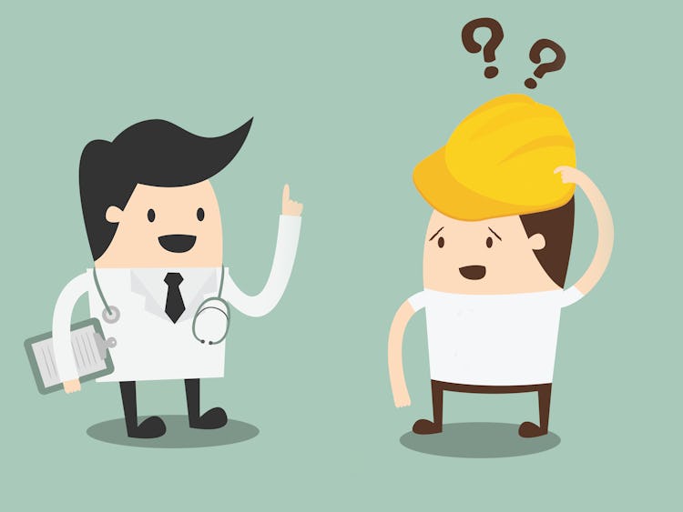 Två tecknade figurer: En läkare och en byggnadsarbetare med frågetecken ovanför huvudet