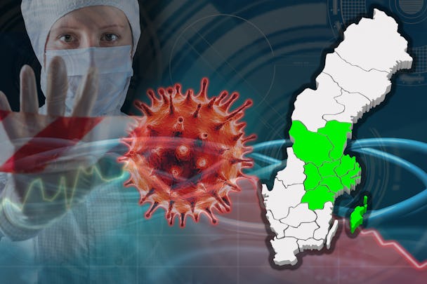 En karta över Sverige med Region mitt utmärkt, monterat över en bild på en läkare i skyddsmask och en illustration av coronaviruset