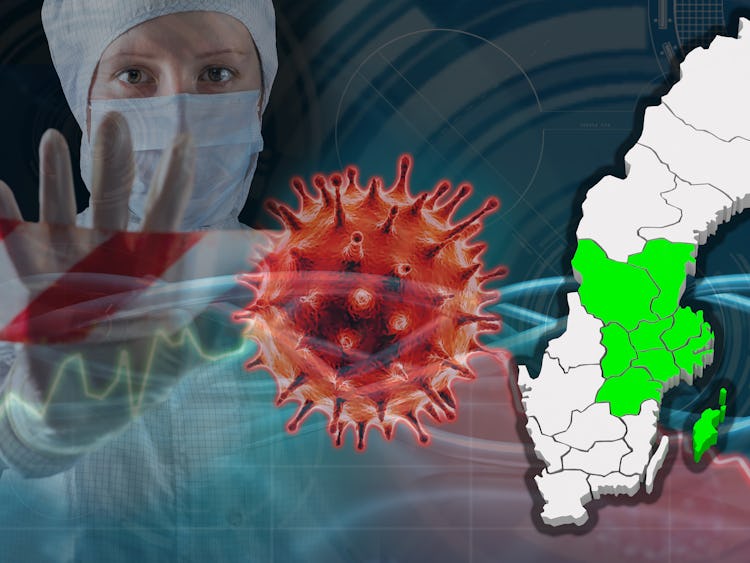 En karta över Sverige med Region mitt utmärkt, monterat över en bild på en läkare i skyddsmask och en illustration av coronaviruset