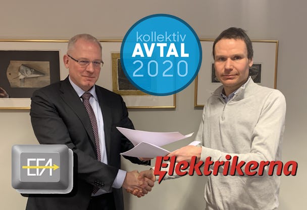 Tomas Torstensson och Petter Johansson, med SEFA:s och Elektrikernas loggor monterade över, tillsammans med den runda ikonen för Avtal 2020