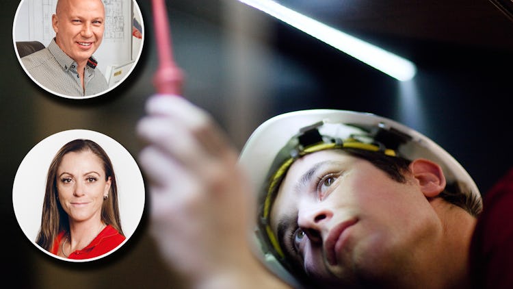 En ung person i skyddshjälm mäter spänning med ett verktyg. Foton på Eva Adermark och Peter Bengtsson är monterade över.