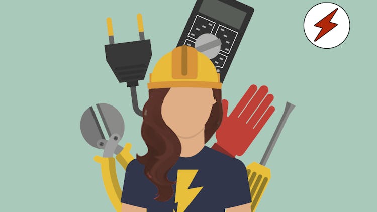 En tecknad person med en blixt på tröjan, bland flera olika elektriker-verktyg