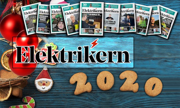 Ett bord med julsaker på, överlagt med framsidorna på årets olika nummer av Elektrikern och tidningens logga.