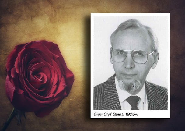 Ett porträttfoto av Sven Olof Quist bredvid en röd ros