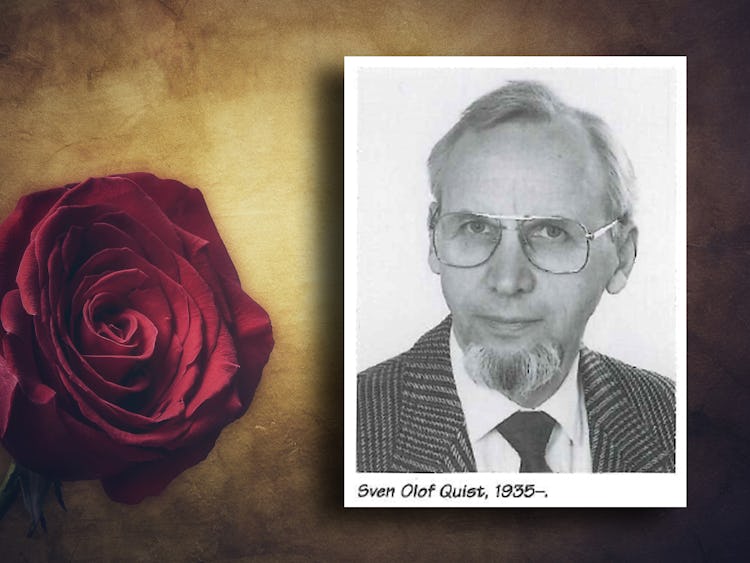 Ett porträttfoto av Sven Olof Quist bredvid en röd ros