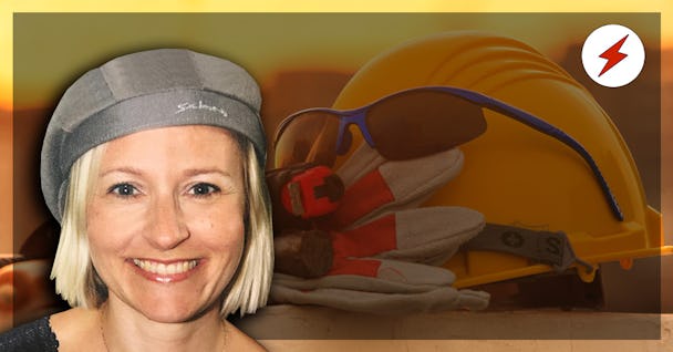 Ett foto på Ida-Therese Högfeldt monterat över en bild på en bygghjälm, handskar och skyddsglasögon