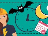 En tecknad elektriker tittar på en klocka som visar efter midnatt, en fladdermus, en måne och en kalender.