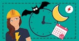 En tecknad elektriker tittar på en klocka som visar efter midnatt, en fladdermus, en måne och en kalender.