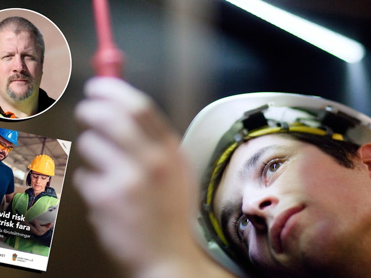 Bilder på Sven Höckers och framsidan av den nya elsäkerhetshandboken, monterade övern bild på en ung person i skyddshjälm mäter spänning med ett verktyg