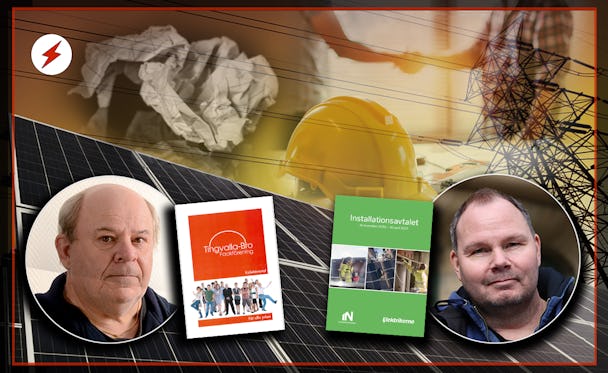 Bilder på Per-Olov Backlund och Patrik Ericsson monterade över en bild på solpaneler och två personer som skakar hand över ett kontrakt och en bygghjälm.