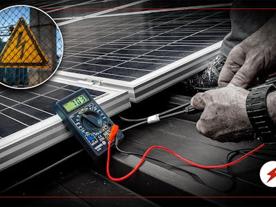 En person installerar solceller på et tak. En bild på en varningstriangel för elfara är monterad invid.