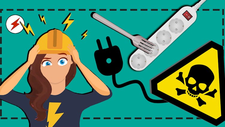 En skärrad elektriker stirrar på en gaffel i ett eluttag och en varningsskylt med sladd.