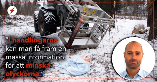Bild på liftkorgen från Tyfors-olyckan, invid en bild på Tomas Winter och citatet "I handlingarna kan man få fram en massa information för att minska olyckorna".