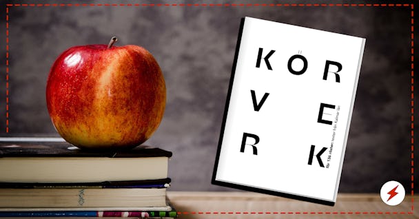 Omslaget till boken "Körverk" invid en bild på ett äpple uppepå en hög med böcker