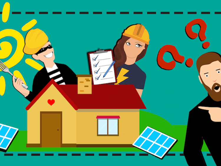 En tecknad, förvirrad person pekar på ett hus med solpaneler bredvid sig på marken. Från bakom huset kikar en elektriker med checklista, och en skurk utklädd till byggarbetare med en gaffel i handen.