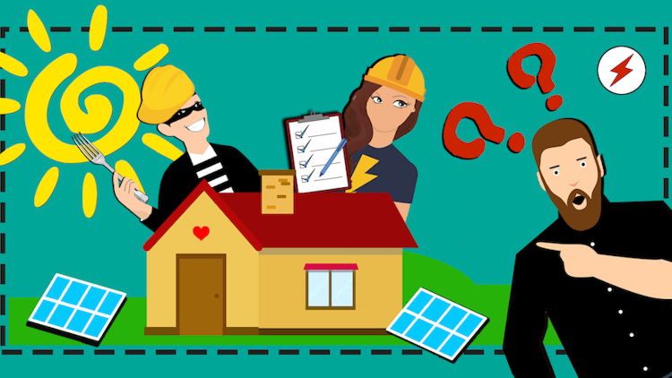 En tecknad, förvirrad person pekar på ett hus med solpaneler bredvid sig på marken. Från bakom huset kikar en elektriker med checklista, och en skurk utklädd till byggarbetare med en gaffel i handen.