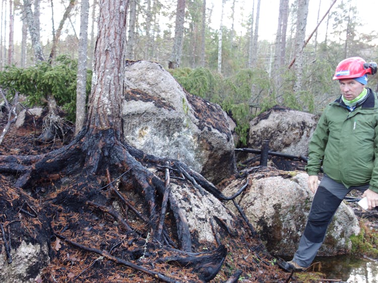 Christer Gruber bredvid ett träd som brunnit