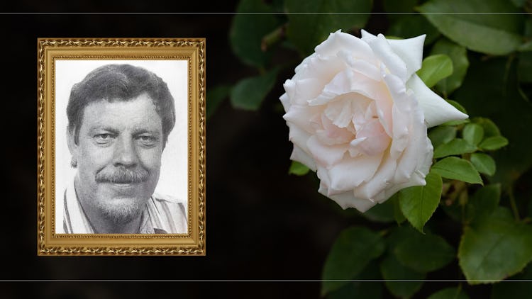 En bild på Arne Olofsson invid en bild på en vit ros.