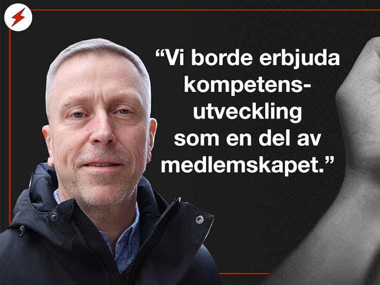 En bild på Pontus Boström invi en ild på en kompass och citatet: "Vi borde erbjuda kompetensutveckling som en del av medlemskapet"