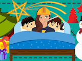 En tecknad person i bygghjälm och teremometer i munnen nedbäddad i en säng med två barn, omgivna av julklappar och julpynt.